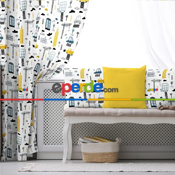 Erkek Çocuk ve Bebek Odası Fon Perde - Desenli - Gri Sarı