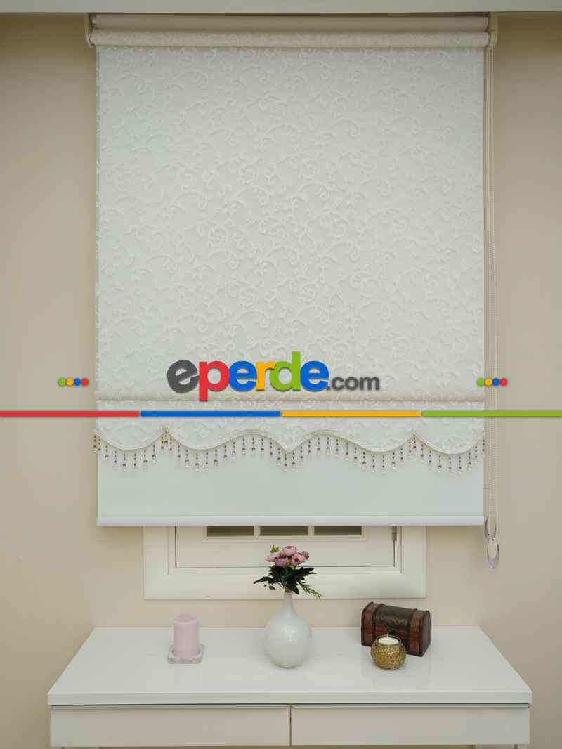 Çiftli Sistem Tül Ve Stor Perde - Şal Desen- Krem Açık-ekru