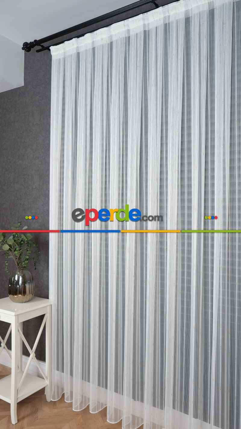 Ekru Zincir Çizgilli Altın Simli Tül Perde