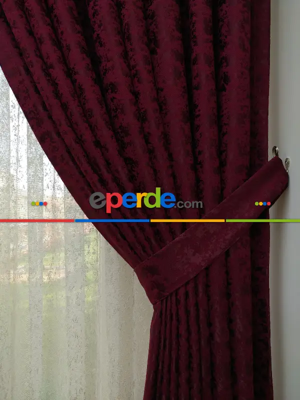 Yatak Odası - Bordo Düz Jakar Fon Perde - Bordo