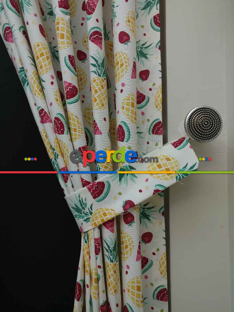 Karpuz-ananas-çilek Desenli Fon Perde (leke Tutmaz )- Kırmızı-açık Yeşil-hardal Sarısı
