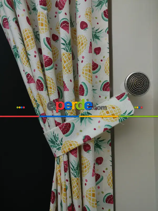 Karpuz-ananas-çilek Desenli Fon Perde (leke Tutmaz )- Kırmızı-Açık Yeşil-Hardal Sarısı