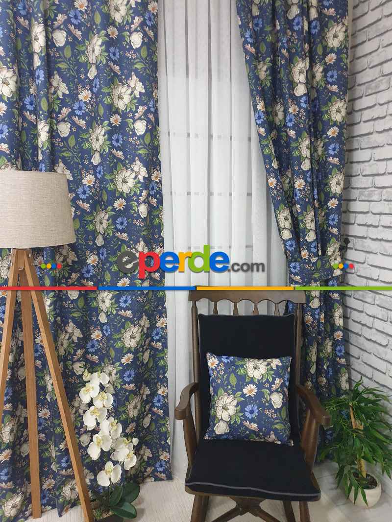 Salon Fon - Çiçek Desenli Fon Perde Evm1073 Kumaşı Kalındır Duck Bezi Değildir