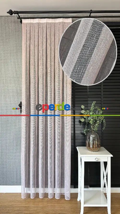 Pudra Pembe Çizgili Naturel Keten Düz Tül Perde - Premium Kalite Serisi, Eteği Kurşunlu Tül