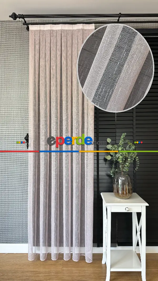 Bebek Odası Tül Perde - Pudra Pembe Çizgili Naturel Keten Düz Tül Perde - Premium Kalite Serisi, Eteği Kurşunlu Tül