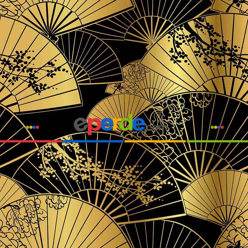 Japon Yelpaze Desenli Fon Perde Evm698 Kumaşı Kalındır Duck Bezi Değildir- Siyah