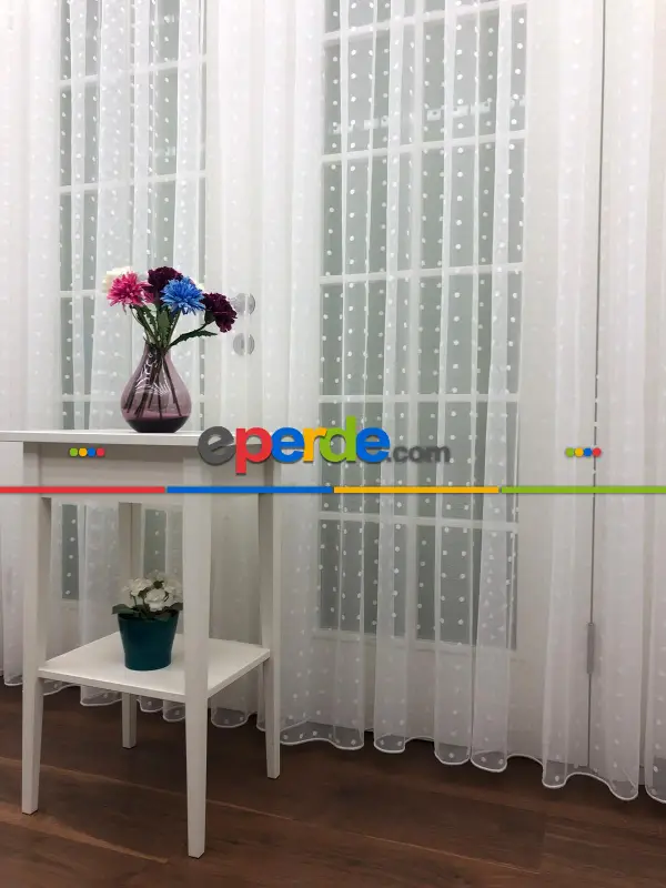 Puantiyeli Spor Desenli Tül Perde- Ekru - Kurşunlu Tül