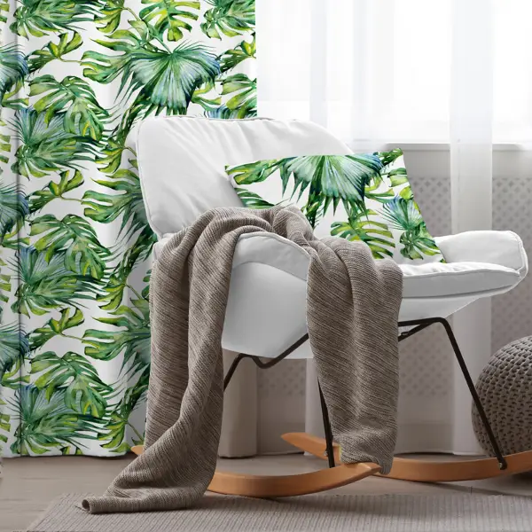 Tropikal Yaprak Desenli Fon Perde Evim226 Kumaşı Kalındır Duck Bezi Değildir- Mavi-beyaz