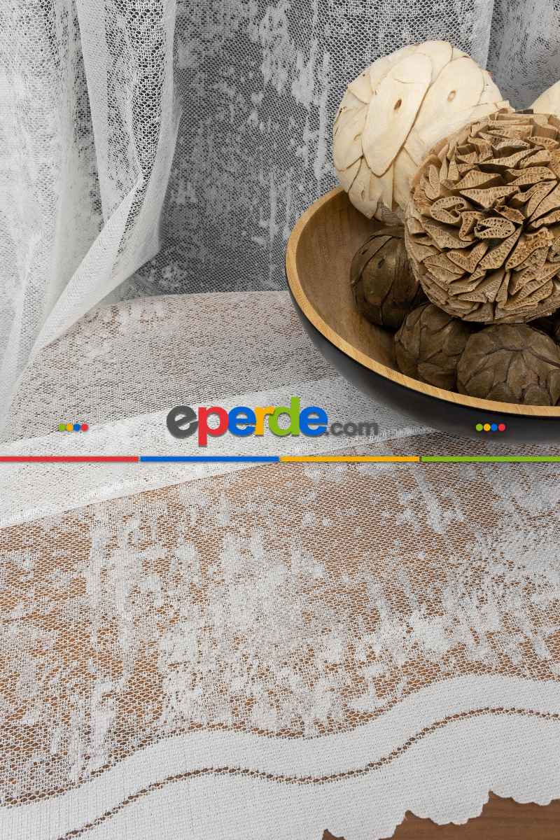 Oturma Odası - Patine Desenli Özel Örgülü Örme Tül - Ekru