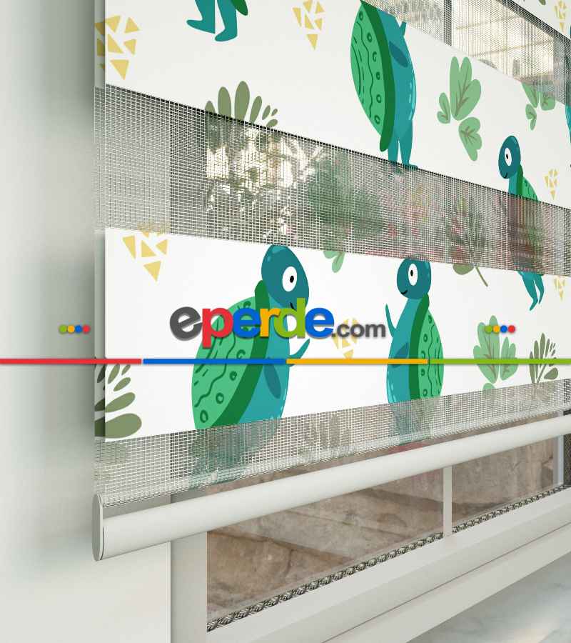 Kaplumbağa Desenli Baskılı Zebra Perde- Yeşil