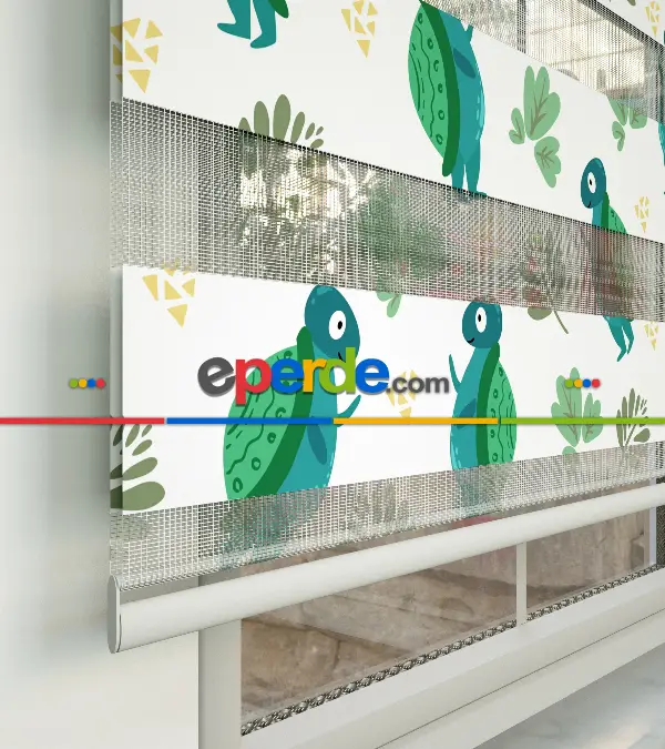 Bebek Odası Zebra Perde - Kaplumbağa Desenli Baskılı Zebra Perde- Yeşil