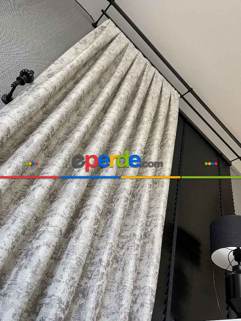 Bej Kahve Desenli Jakar Fon Perde (180)- Kahve Açık