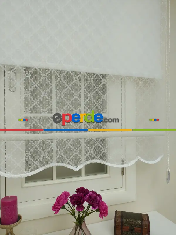 Jakar Örme Tül- Ekru Çiftli Sistem Dantel Desenli Perde- Ekru