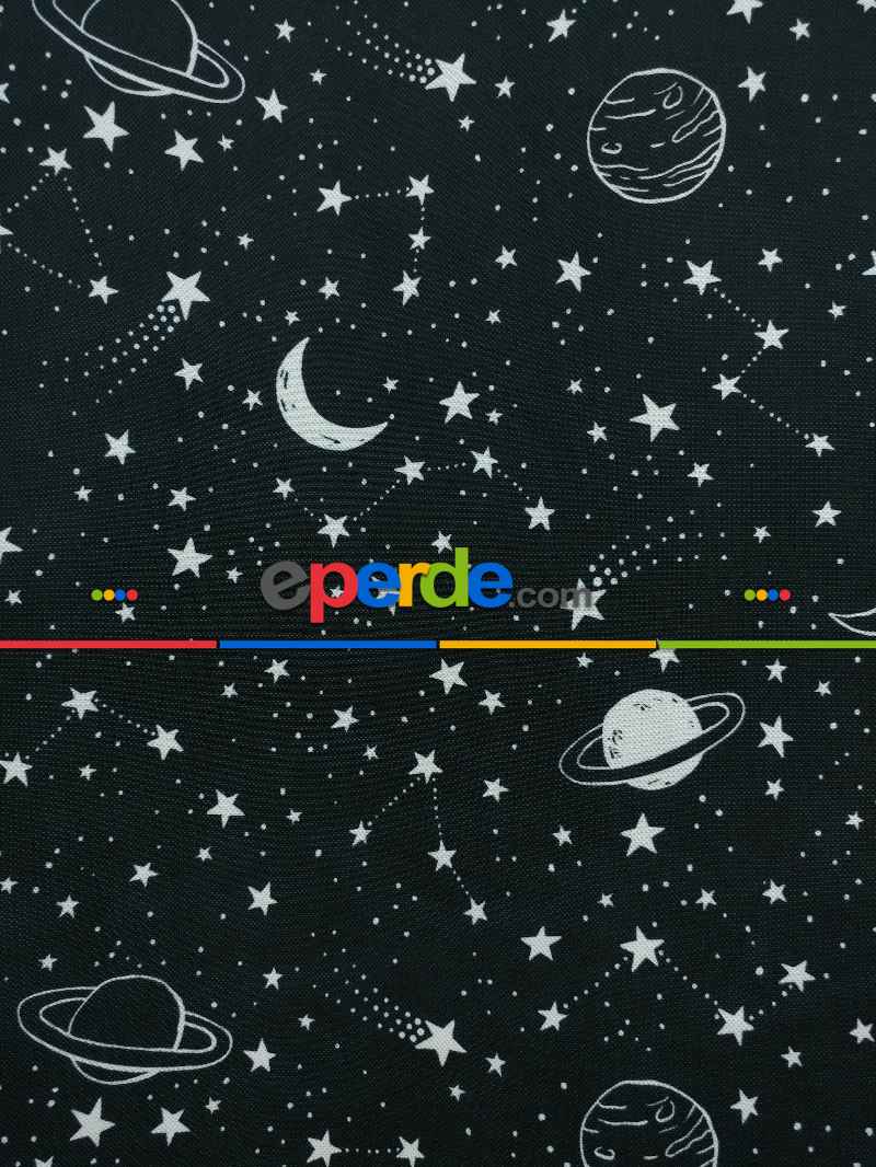 Uzay Gezegen Desenli Fon Perde Evm667 Kumaşı Kalındır Duck Bezi Değildir- Siyah-Beyaz