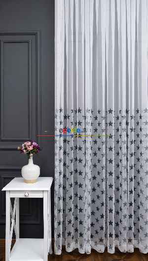 İndirimli Fiyat!! Petek Zemin Koyu Antrasit Renkli Sık Pileli Yıldız Desenli Grek Baskılı Tül Perde