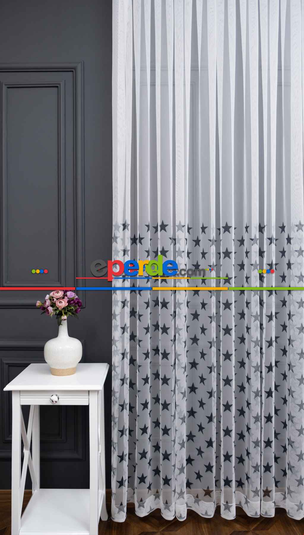 İndirimli Fiyat!! Petek Zemin Koyu Antrasit Renkli Sık Pileli Yıldız Desenli Grek Baskılı Tül Perde