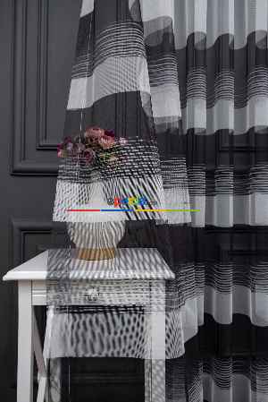 Hazır Ölçülü Petek Zemin Siyah Renkli Kalın Bantlı Modern Çizgi Desenli Grek Baskılı Tül Perde