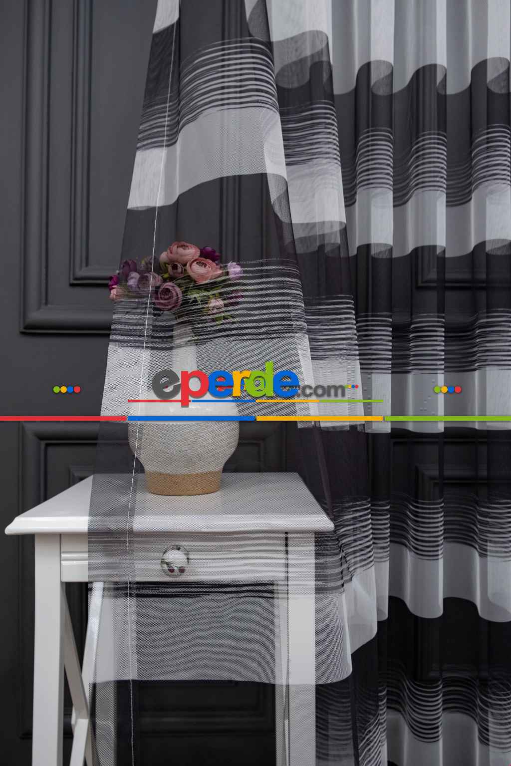 Hazır Ölçülü Petek Zemin Siyah Renkli Kalın Bantlı Modern Çizgi Desenli Grek Baskılı Tül Perde