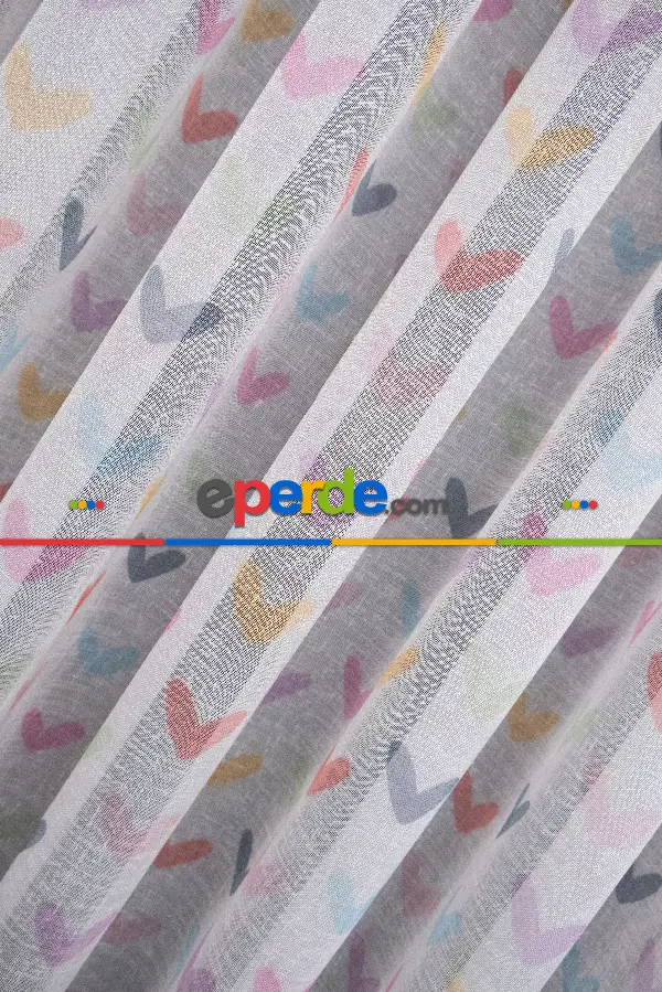 Renkli Kalpler Desenli Keten Zemin Baskılı Tül Perde - Kız Çocuk Odası