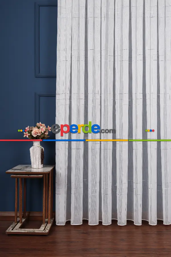 Salon Tül Modelleri - Bambu Zemin Geometri Nakış İşlemeli Tül Perde