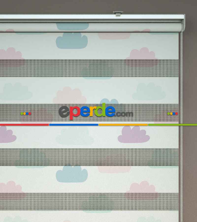 Bulut Desenli Baskılı Zebra Perde- Çok Renkli