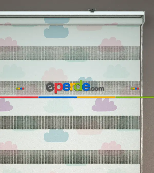 Bulut Desenli Baskılı Zebra Perde- Çok Renkli