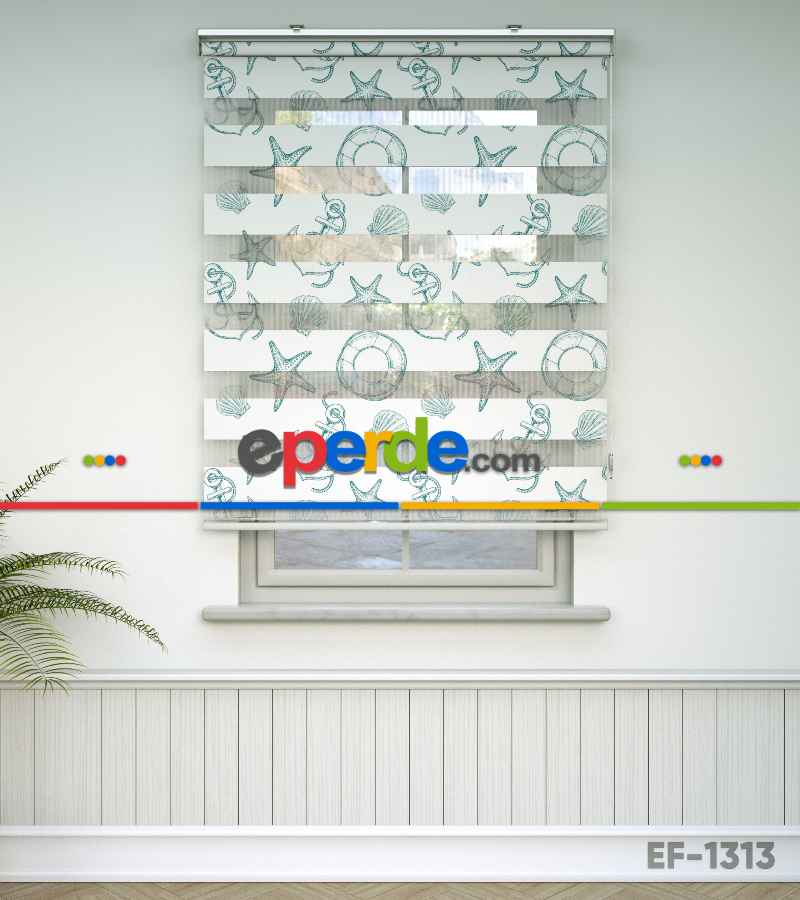 Çocuk Odası Zebra Perde - Gemivi Baskılı Zebra Perde- Beyaz-Turkuaz-Su Yeşili