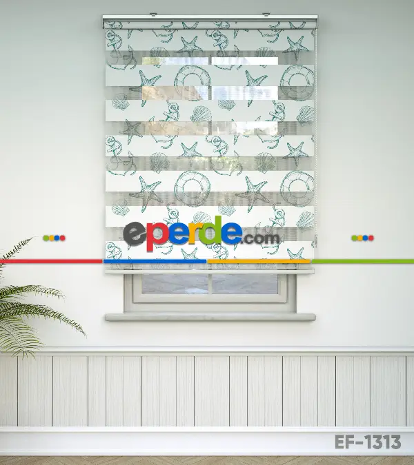 Bebek Odası Zebra Perde - Gemici Baskılı Zebra Perde- Beyaz-Turkuaz-Su Yeşili