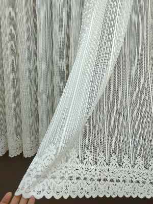 Kısa Boylu Boyuna Çizgili Etek Ucu Desenli Tül Perde - Petek Üstü Boy- Ekru