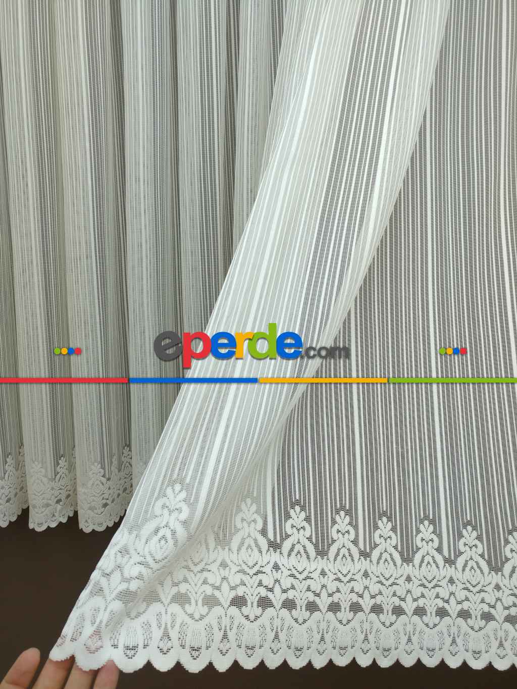 Kısa Boylu Boyuna Çizgili Etek Ucu Desenli Tül Perde - Petek Üstü Boy- Ekru
