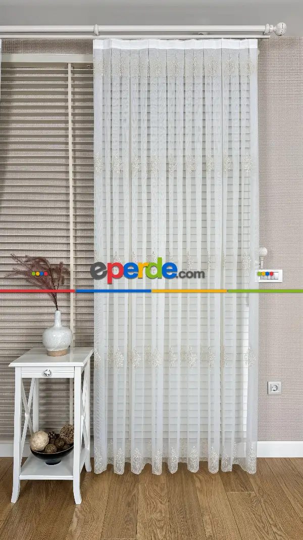 Ekru Altın Özel Dokuma, Özel İplik Brode İşlemeli Tül Perde - Ağır Gramajlı Premium Nakışlı