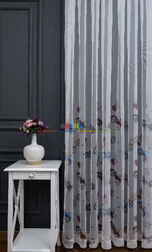 Hazır Ölçülü Petek Zemin Kahverengi Ve Mavi Renkli Araba Ve Balon Desenli Grek Baskılı Tül Perde