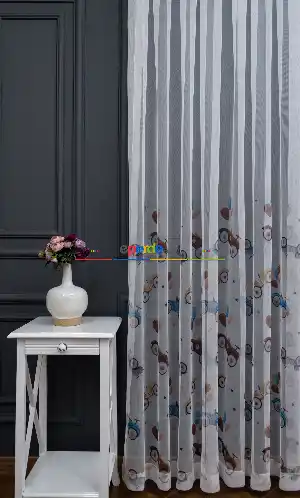 Hazır Ölçülü Petek Zemin Kahverengi Ve Mavi Renkli Araba Ve Balon Desenli Grek Baskılı Tül Perde
