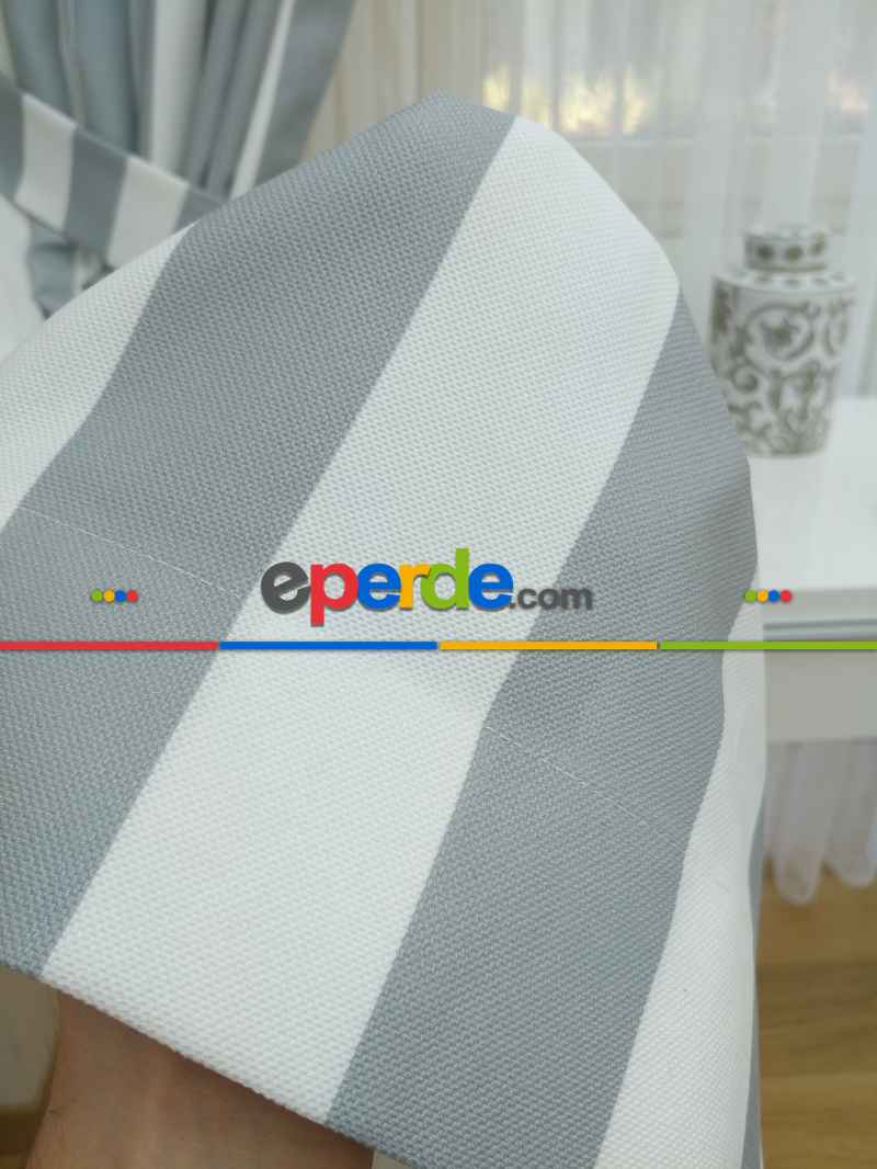 Gri Beyaz Çizgili Kaliteli Fon Perde Modelleri- Mavi-Beyaz