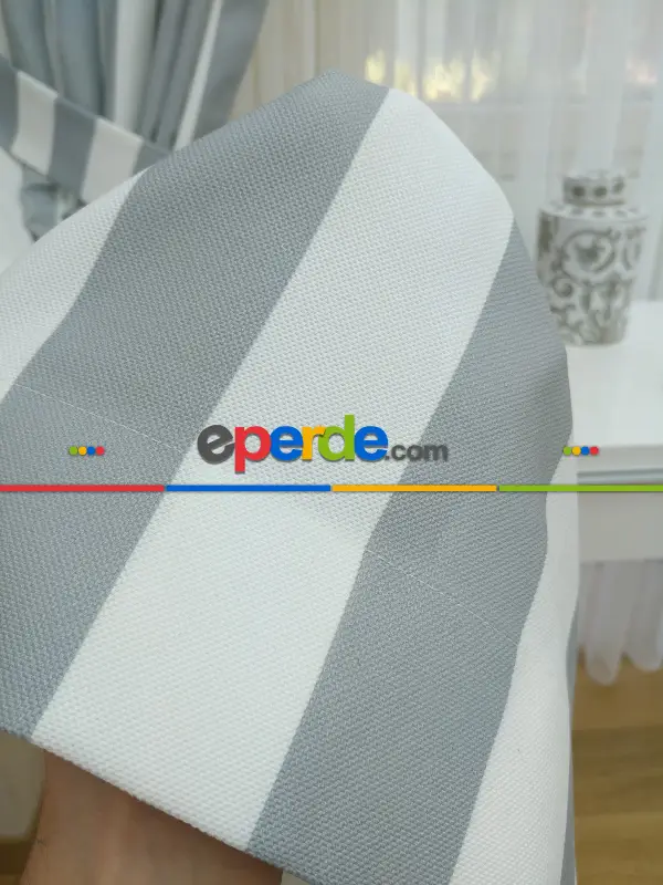 Gri Beyaz Çizgili Kaliteli Fon Perde Modelleri- Mavi-Beyaz