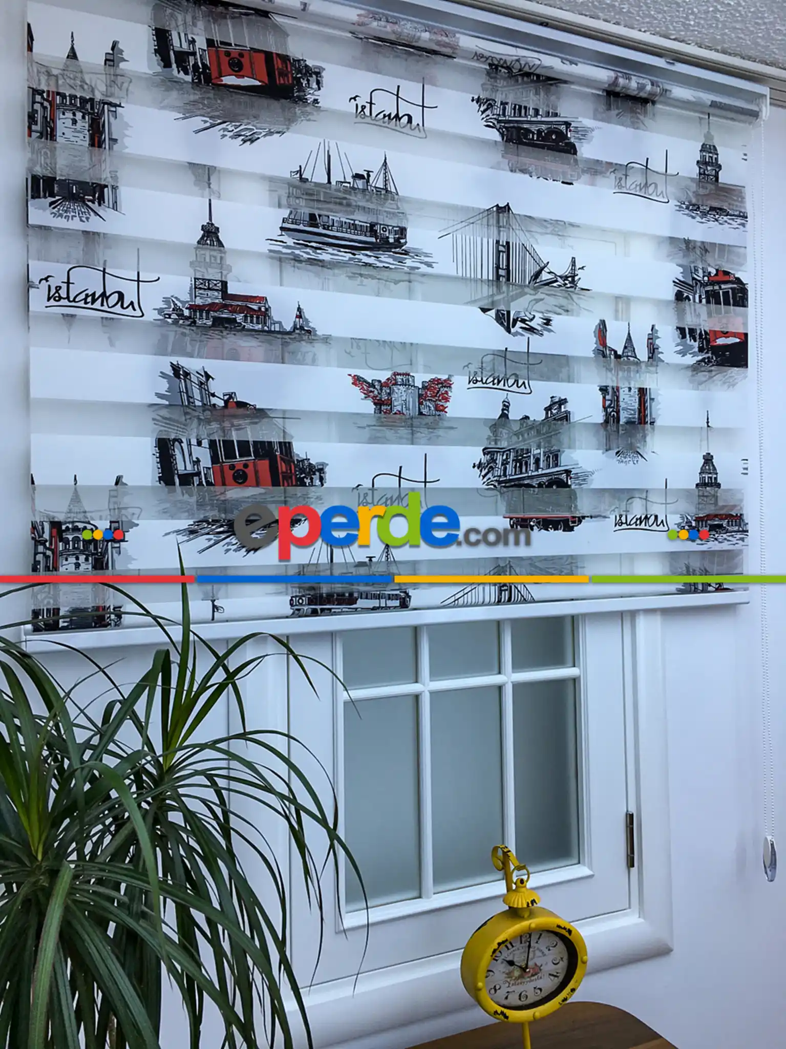 Zebra Perde- İstanbul Baskılı Zebra Perde- Siyah-kırmızı