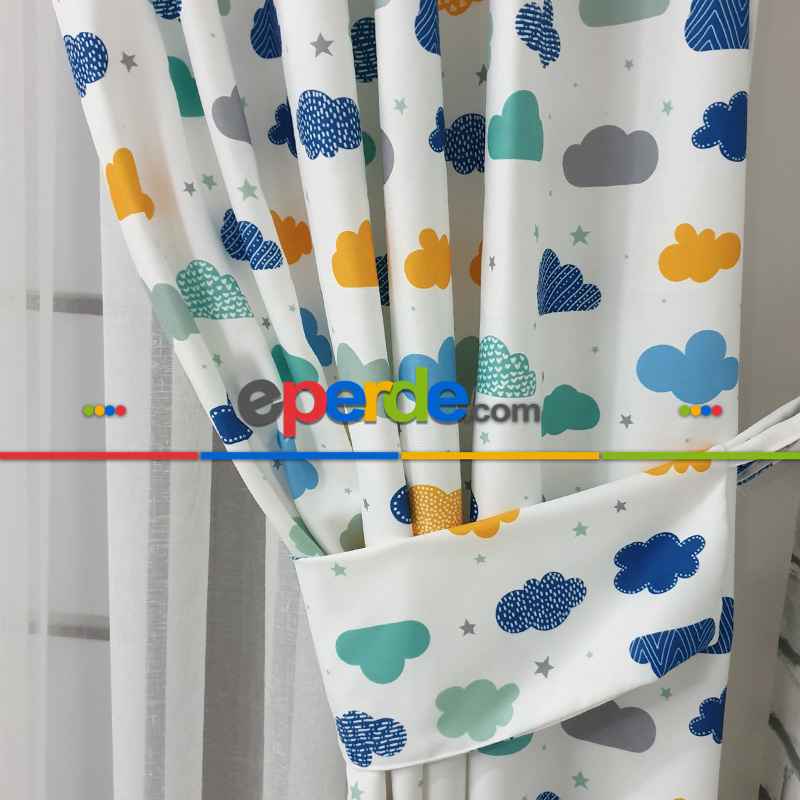 Renkli Bulut Desenli Fon Perde Evm809 Kumaşı Kalındır Duck Bezi Değildir- Beyaz-Mavi Açık