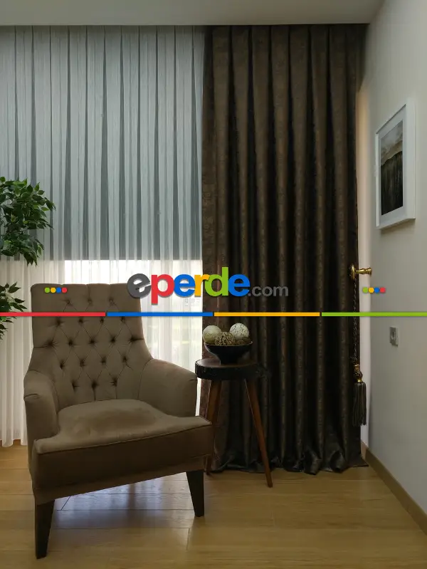 Patinedesenli Kahve Renk Jakar Desenli Fon Perde- Kahve