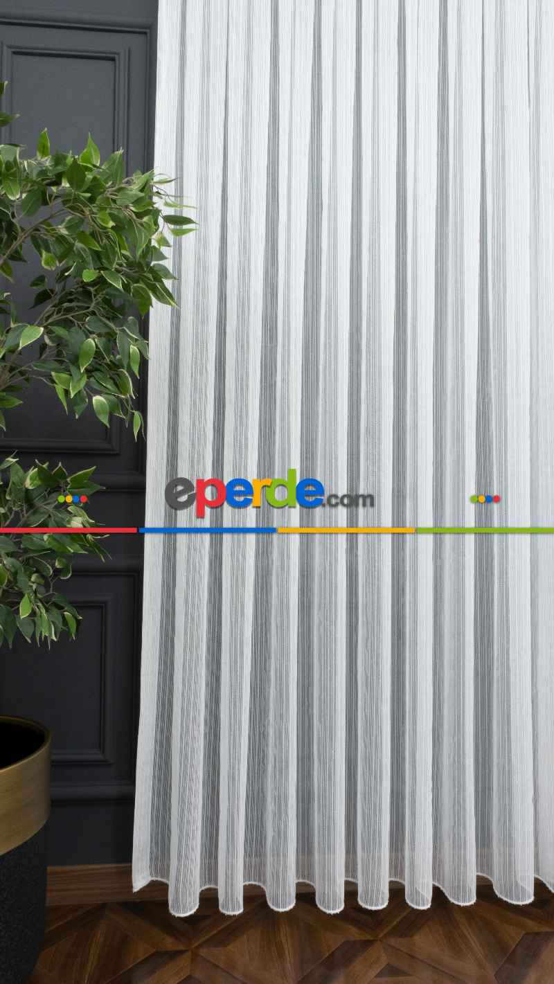 Mutfak - Tek Makarna Boyuna Çizgili Tül Perde Ekru Dolgulu- Ekru