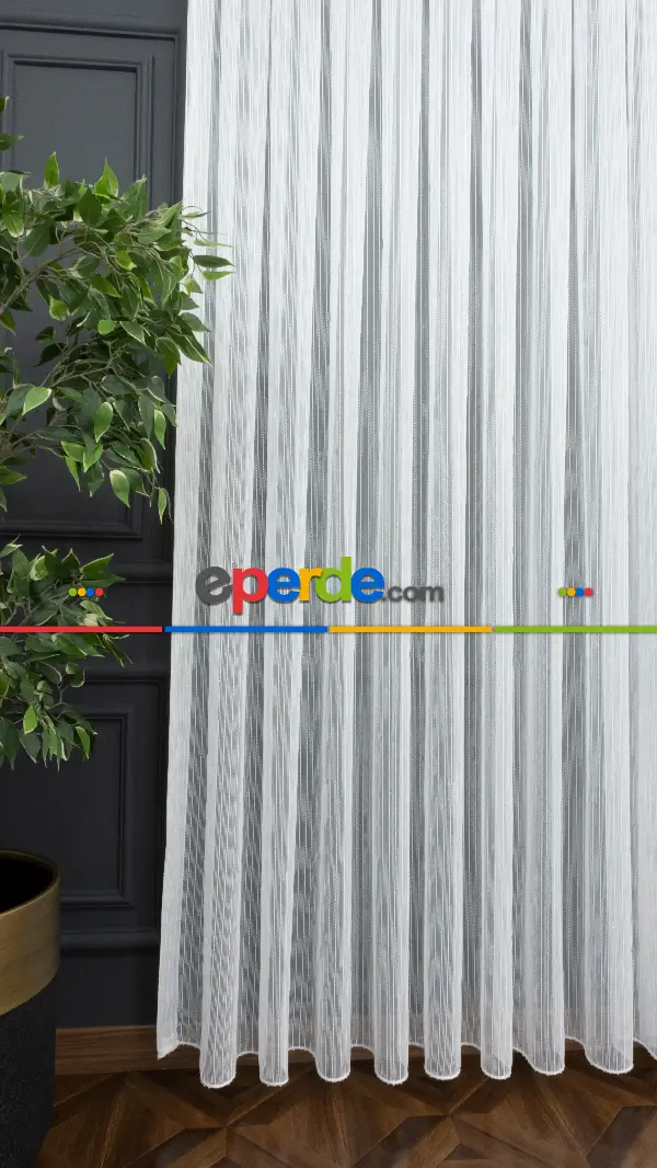 Tek Makarna Boyuna Çizgili Tül Perde Ekru Dolgulu- Ekru - Kurşunlu Tül