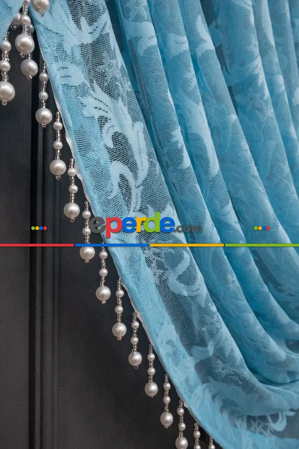 Mutfak Turkuaz Sarmaşık Desen Şal Model Tül Kruvaze Yanki Tül