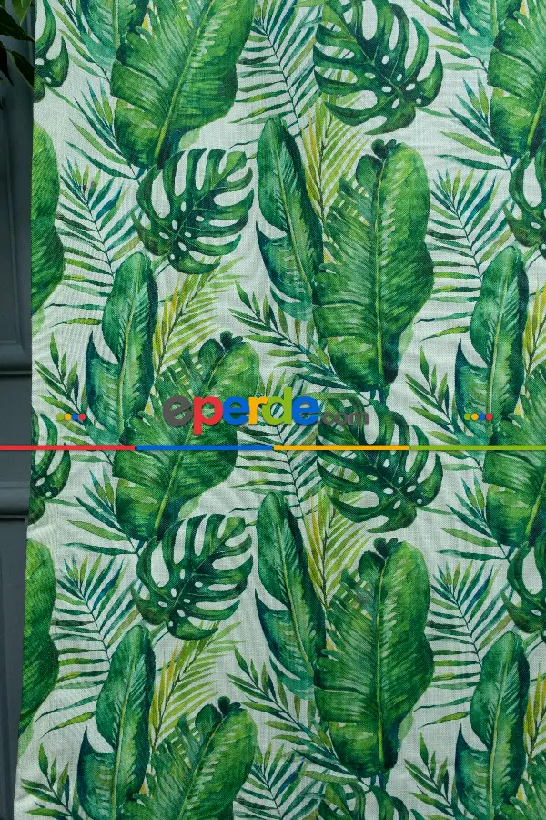 Salon Fon - Tropikal Yaprak Desenli Fon Perde Evm1122 Kumaşı Kalındır Duck Bezi Değildir- Yeşil-Beyaz