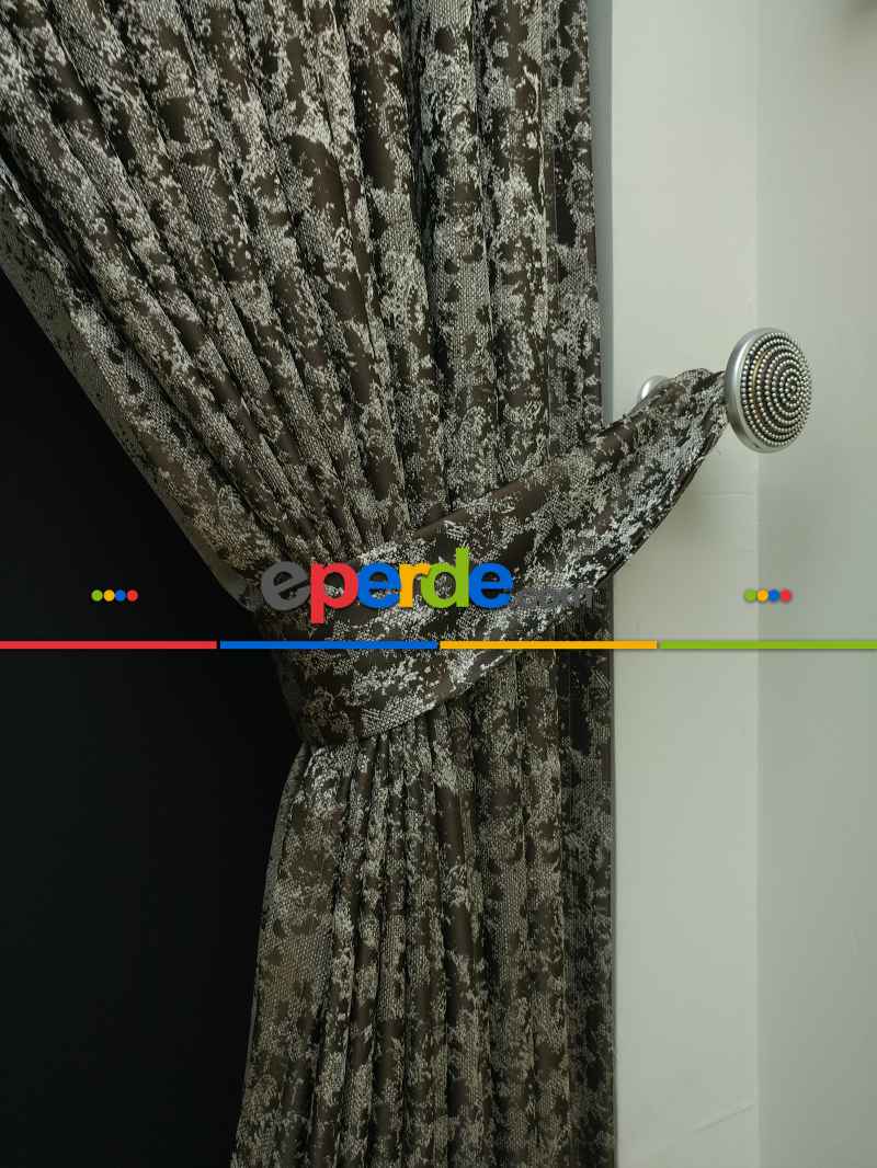 Krem Kahve Desenli Jakar Fon Perde - Kahve