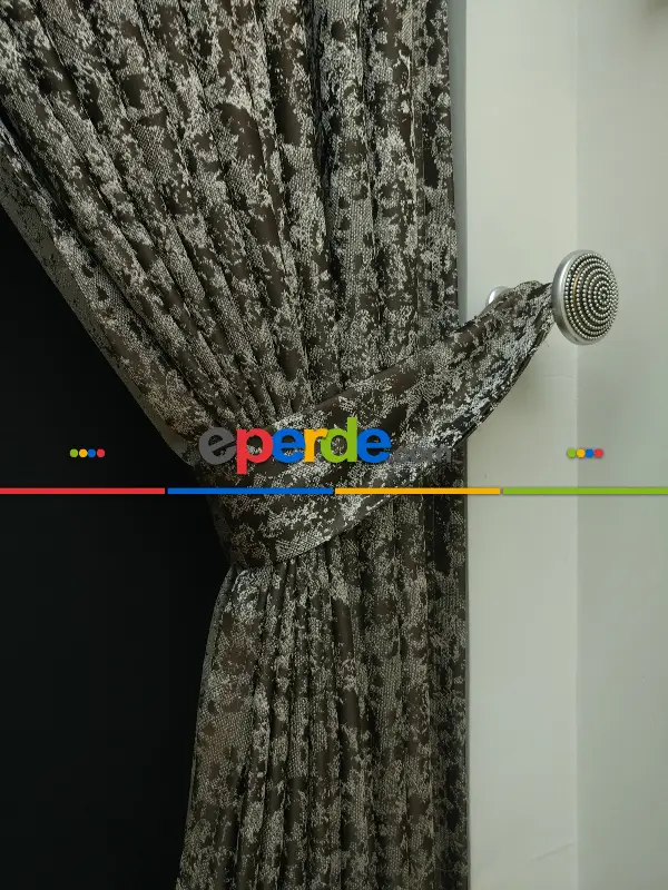 Krem Kahve Desenli Jakar Fon Perde - Kahve