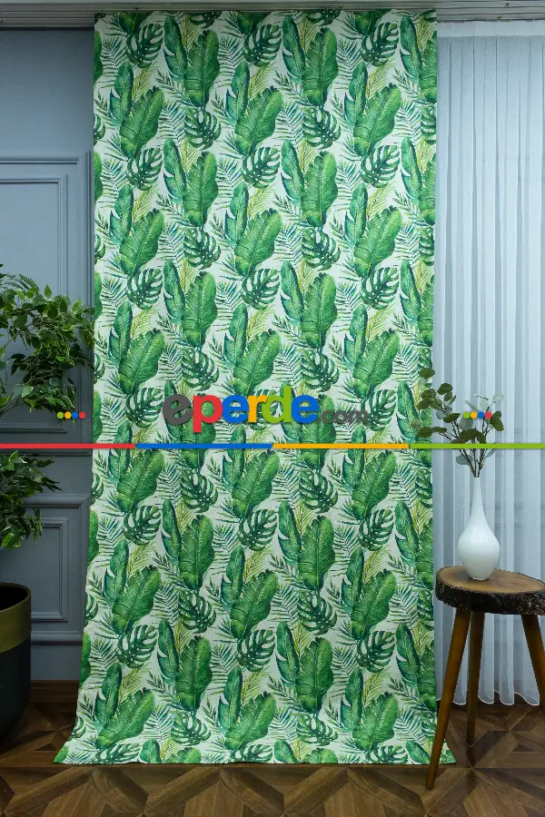 Salon Fon - Tropikal Yaprak Desenli Fon Perde Evm1122 Kumaşı Kalındır Duck Bezi Değildir- Yeşil-Beyaz
