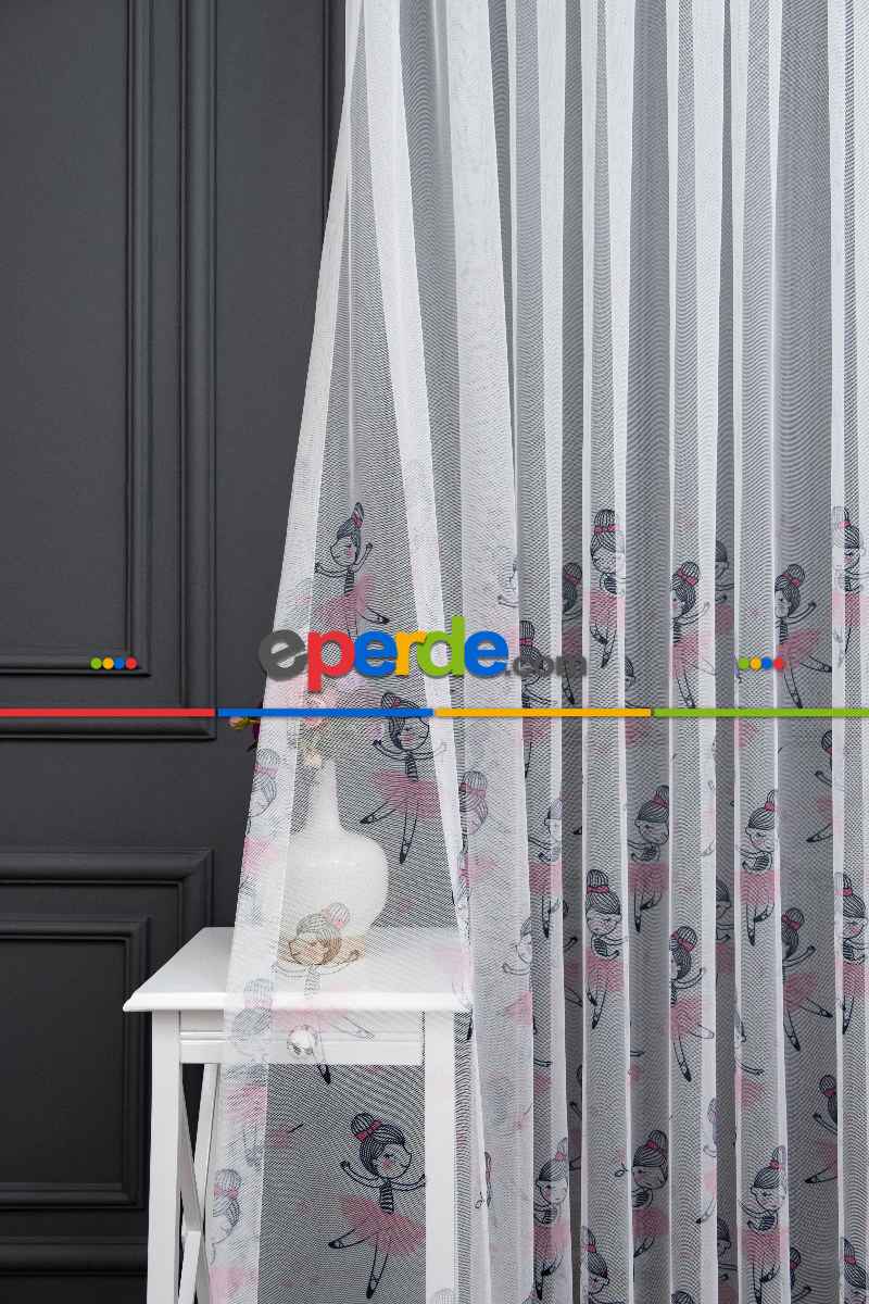 Kız Çocuk Odası Tül Perde - Petek Zemin Gri Pembe Renkli Balerin Kız Desenli Grek Baskılı Tül Perde