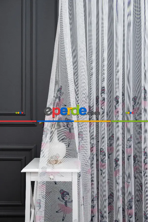 Kız Çocuk Odası Tül Perde - Gri Pembe Balerin Kız Desenli Tül Perde