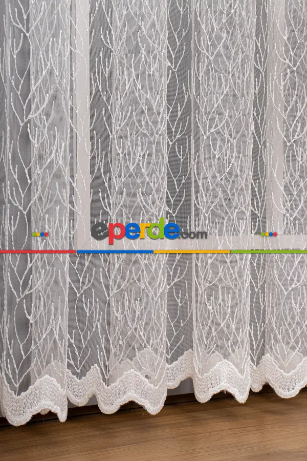 Salon - Kuru Dal Brode Tül Perde - Ekru