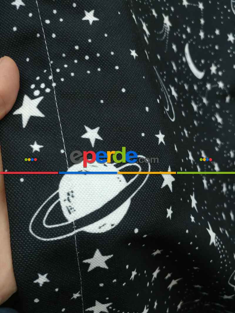 Uzay Gezegen Desenli Fon Perde Evm667 Kumaşı Kalındır Duck Bezi Değildir- Siyah-Beyaz