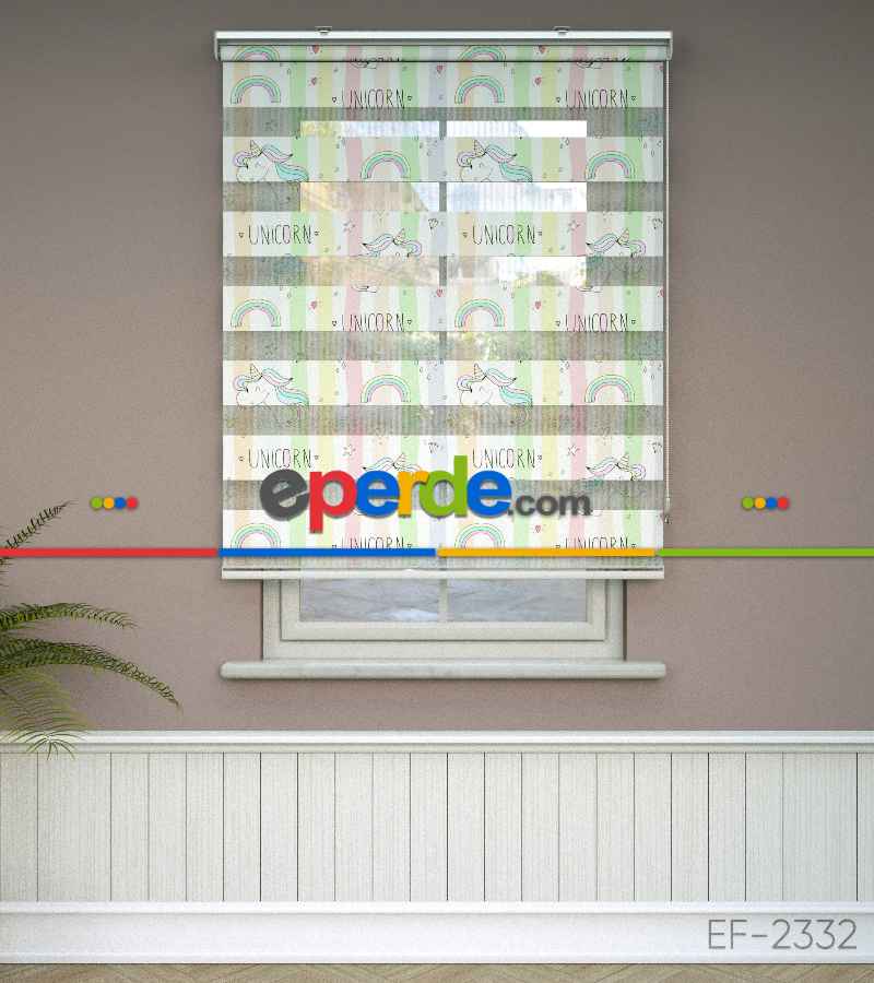 Unicorn Desenli Baskılı Zebra Perde- Çok Renkli